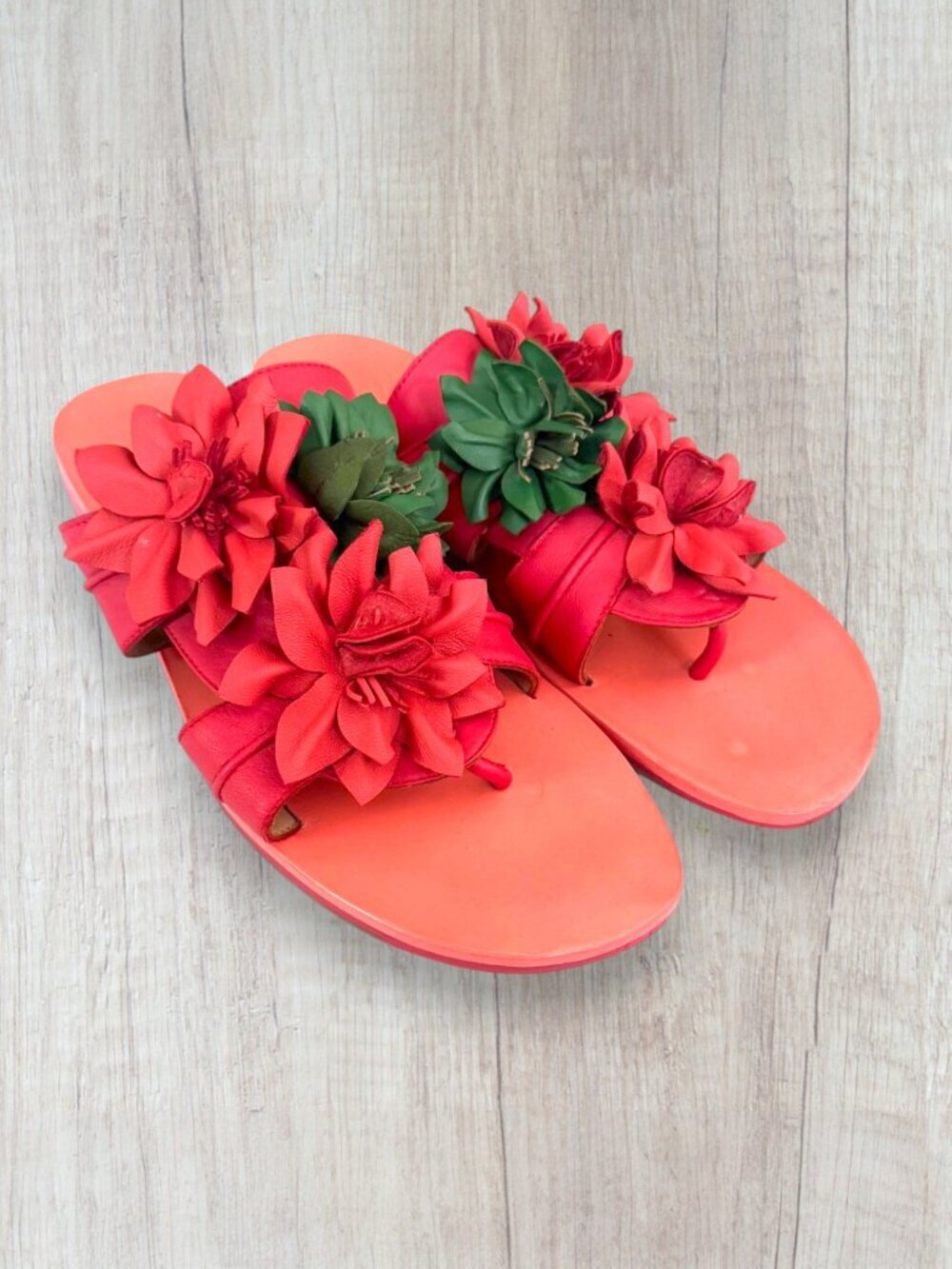John Fluevog Floral Leather Thong Sandals Coral Red Platform Slides Women's 10